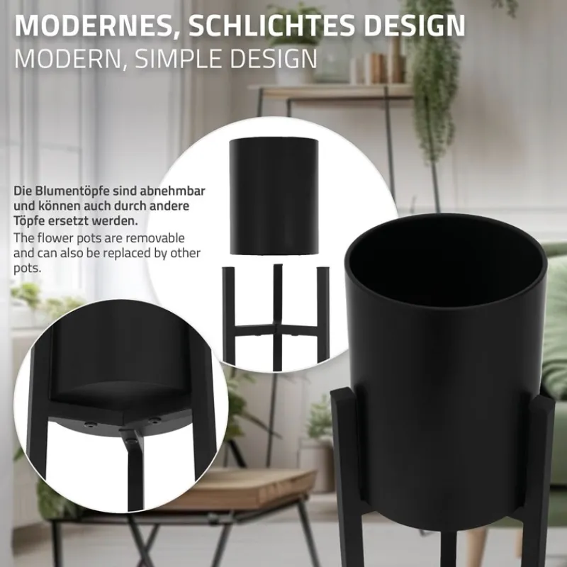 Blumenständer 2er Set mit herausnehmbarem Blumentop rund Schwarz aus Metall ML-Design-ECD Germany New