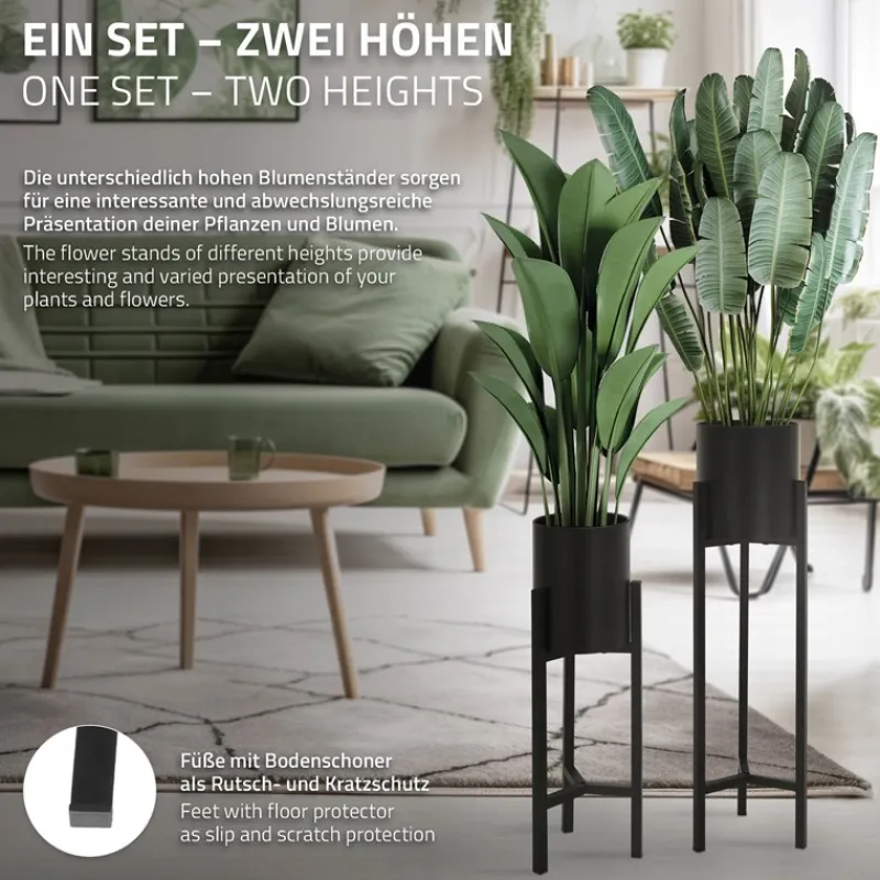 Blumenständer 2er Set mit herausnehmbarem Blumentop rund Schwarz aus Metall ML-Design-ECD Germany New