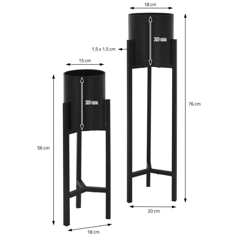 Blumenständer 2er Set mit herausnehmbarem Blumentop rund Schwarz aus Metall ML-Design-ECD Germany New