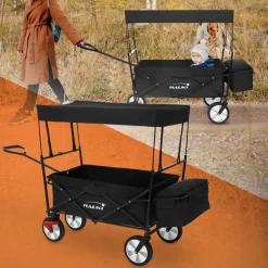 Bollerwagen faltbar mit Dach und Tasche Schwarz belastbar bis 80 kg Hauki-ECD Germany