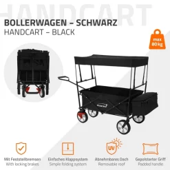 Bollerwagen faltbar mit Dach und Tasche Schwarz belastbar bis 80 kg Hauki-ECD Germany