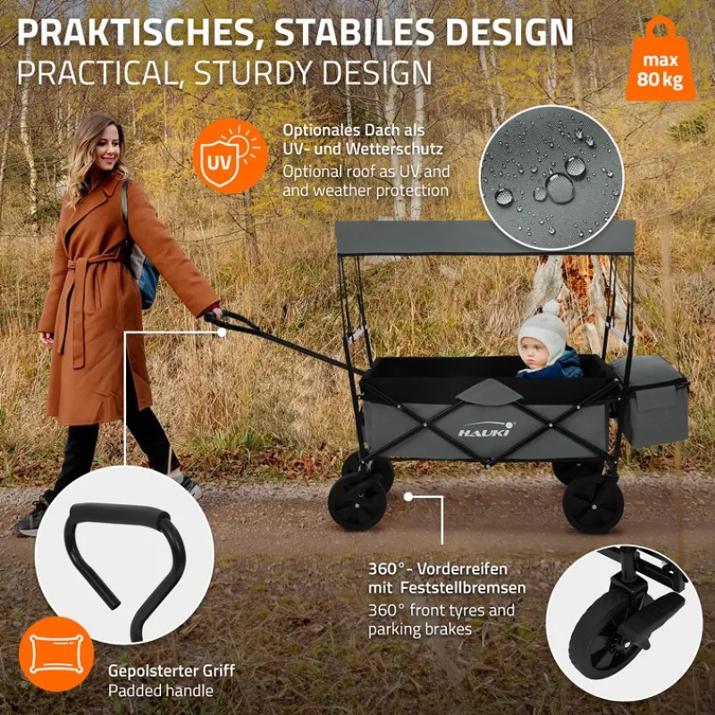 Bollerwagen faltbar mit Dach und Tasche Grau belastbar bis 80 kg HAUKI-ECD Germany Online