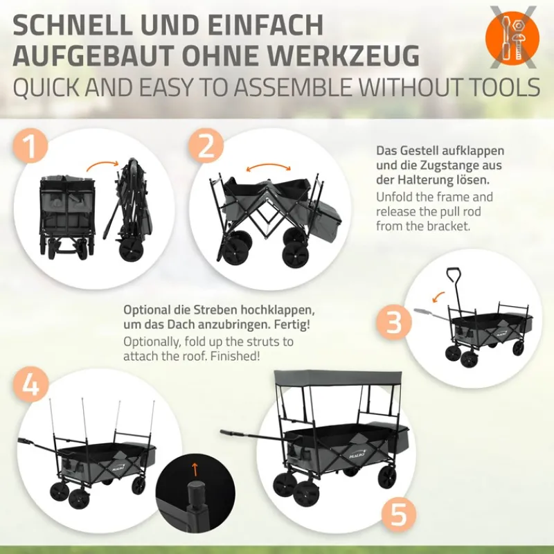 Bollerwagen faltbar mit Dach und Tasche Grau belastbar bis 80 kg HAUKI-ECD Germany Online