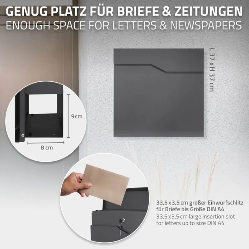 Briefkasten mit Zeitungsfach 37x11x37 cm Anthrazit aus Edelstahl ML-Design-ECD Germany Outlet