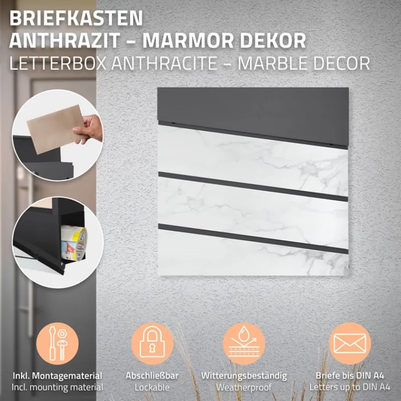 Briefkasten mit Zeitungsfach 37x36,5x11 cm Anthrazit/Weiß-Marmoroptik aus Stahl ML-Design, Modernes Diagonales Design-ECD Germany Sale