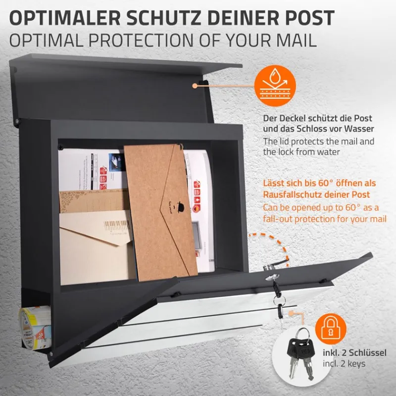 Briefkasten mit Zeitungsfach 37x36,5x11 cm Anthrazit/Weiß-Marmoroptik aus Stahl ML-Design, Modernes Diagonales Design-ECD Germany Sale