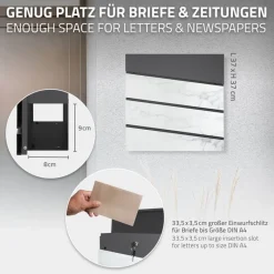 Briefkasten mit Zeitungsfach 37x36,5x11 cm Anthrazit/Weiß-Marmoroptik aus Stahl ML-Design, Modernes Diagonales Design-ECD Germany Sale