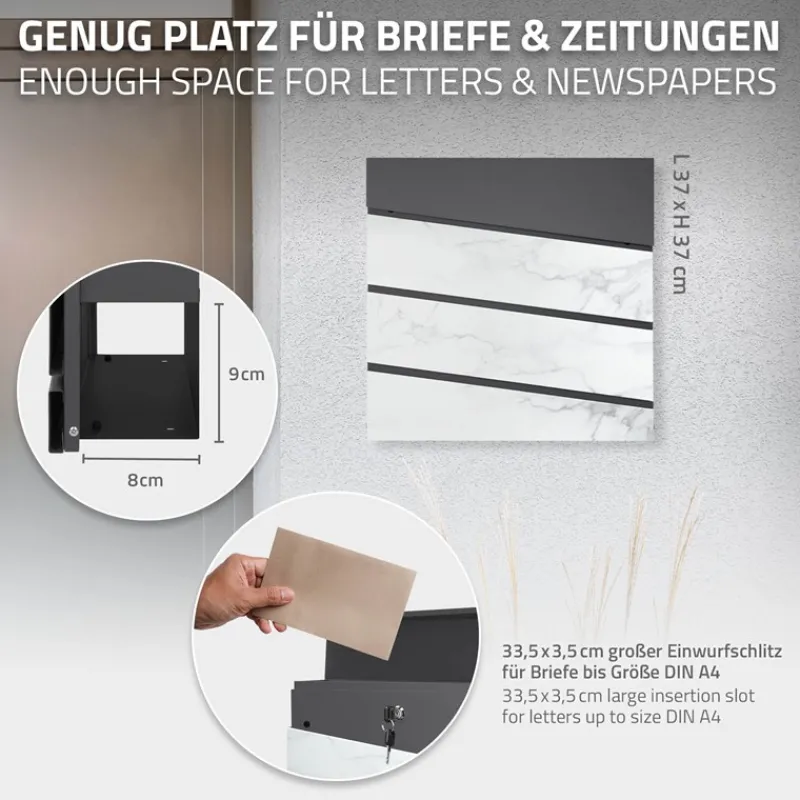 Briefkasten mit Zeitungsfach 37x36,5x11 cm Anthrazit/Weiß-Marmoroptik aus Stahl ML-Design, Modernes Diagonales Design-ECD Germany Sale