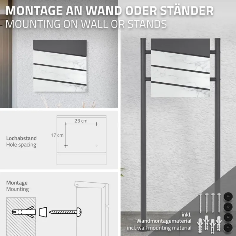 Briefkasten mit Zeitungsfach 37x36,5x11 cm Anthrazit/Weiß-Marmoroptik aus Stahl ML-Design, Modernes Diagonales Design-ECD Germany Sale