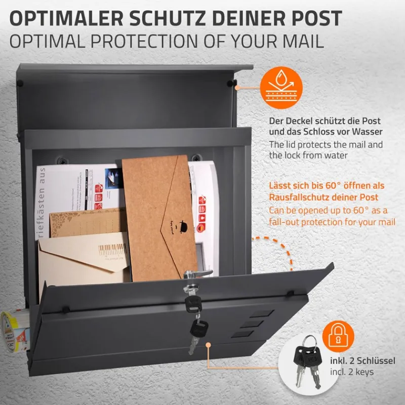 Briefkasten mit Zeitungsfach 37x36,5x10,5 cm Anthrazit aus Stahl-ECD Germany New