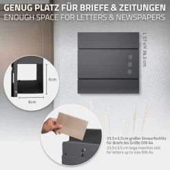 Briefkasten mit Zeitungsfach 37x36,5x10,5 cm Anthrazit aus Stahl-ECD Germany New