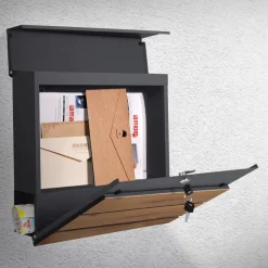 Briefkasten mit Zeitungsfach 37x37x11 cm Anthrazit/Holzoptik aus Stahl ML-Design-ECD Germany Sale
