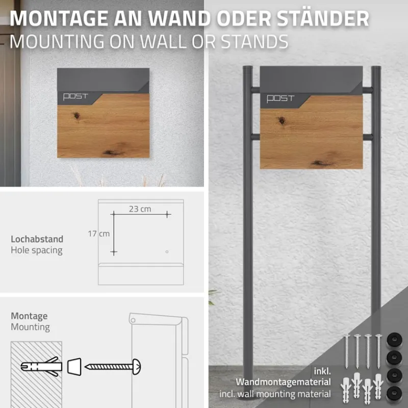 Briefkasten mit Zeitungsfach 37x37x11 cm Anthrazit/Holzoptik aus Edelstahl ML-Design-ECD Germany Hot