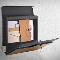 Briefkasten mit Zeitungsfach 37x37x11 cm Anthrazit/Holzoptik aus Edelstahl ML-Design-ECD Germany Hot