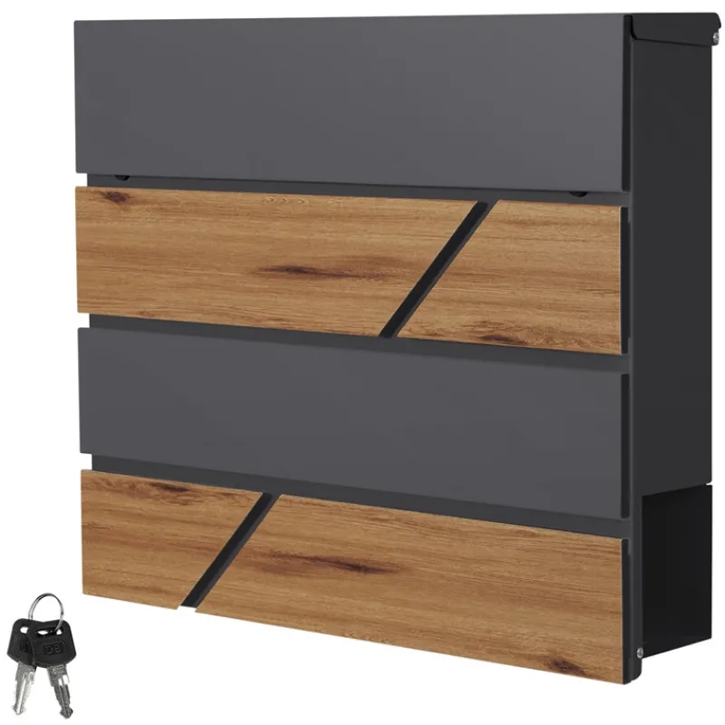 Briefkasten mit Zeitungsfach 37x36,5x11 cm Anthrazit/Holzoptik aus Stahl ML-Design-ECD Germany