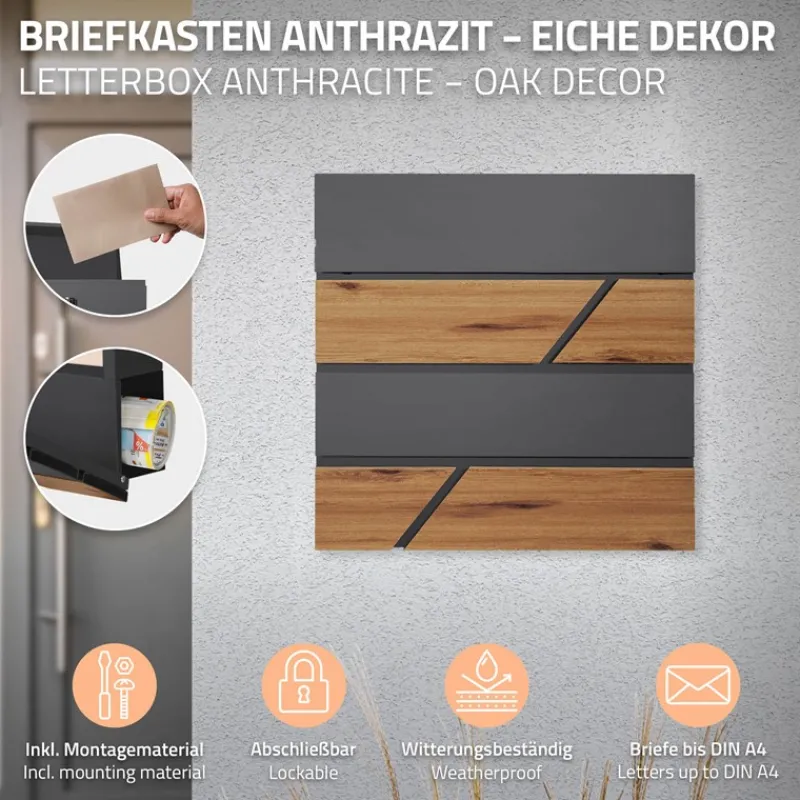 Briefkasten mit Zeitungsfach 37x36,5x11 cm Anthrazit/Holzoptik aus Stahl ML-Design-ECD Germany