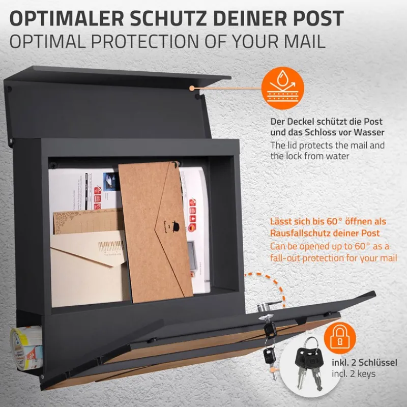 Briefkasten mit Zeitungsfach 37x36,5x11 cm Anthrazit/Holzoptik aus Stahl ML-Design-ECD Germany