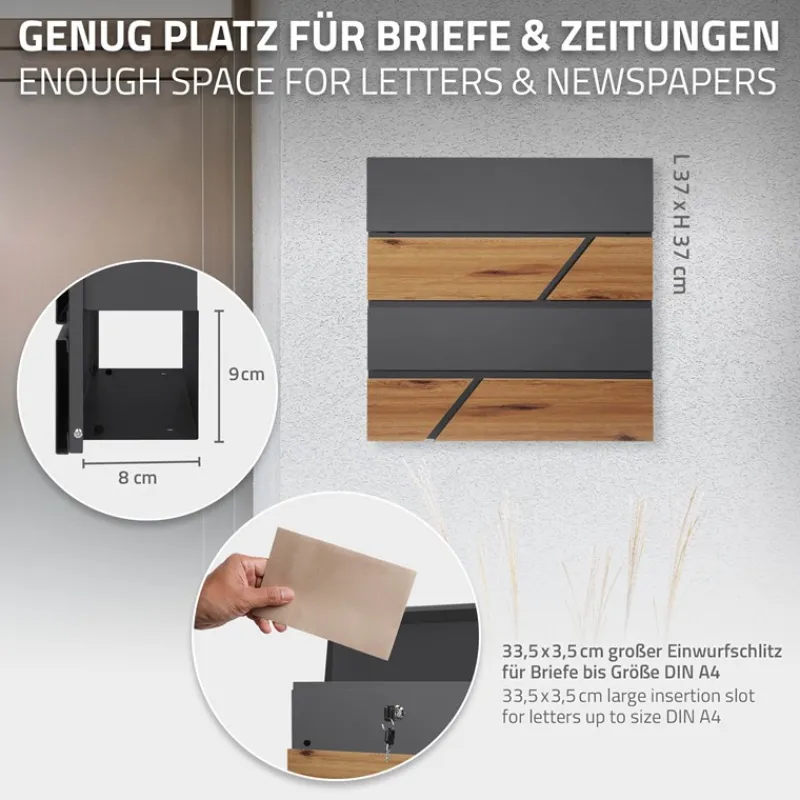 Briefkasten mit Zeitungsfach 37x36,5x11 cm Anthrazit/Holzoptik aus Stahl ML-Design-ECD Germany