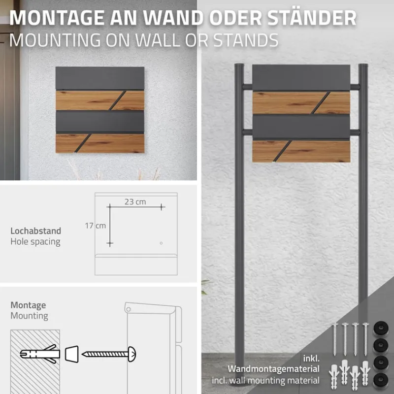 Briefkasten mit Zeitungsfach 37x36,5x11 cm Anthrazit/Holzoptik aus Stahl ML-Design-ECD Germany