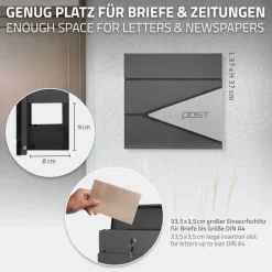 Briefkasten mit Zeitungsfach 37x37x11 cm Anthrazit/Silber aus Edelstahl ML-Design-ECD Germany Sale