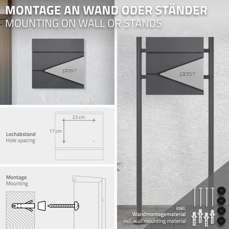 Briefkasten mit Zeitungsfach 37x37x11 cm Anthrazit/Silber aus Edelstahl ML-Design-ECD Germany Sale