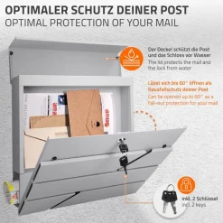 Briefkasten mit Zeitungsfach 37x11x37 cm Hellgrau aus Edelstahl-ECD Germany Clearance