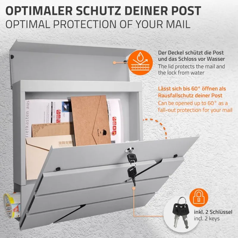 Briefkasten mit Zeitungsfach 37x11x37 cm Hellgrau aus Edelstahl-ECD Germany Clearance