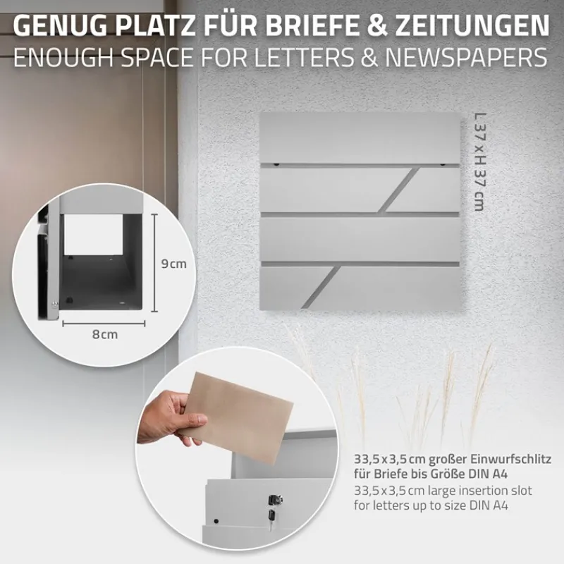 Briefkasten mit Zeitungsfach 37x11x37 cm Hellgrau aus Edelstahl-ECD Germany Clearance