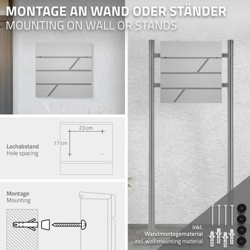 Briefkasten mit Zeitungsfach 37x11x37 cm Hellgrau aus Edelstahl-ECD Germany Clearance