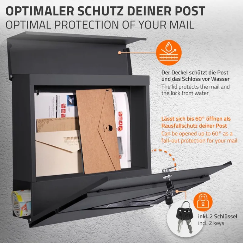 Briefkasten mit Zeitungsfach 37x36,5x11 cm Anthrazit/Schwarz-Marmoroptik aus Stahl ML-Design, Modernes Dreieckiges Design-ECD Germany Hot