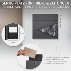 Briefkasten mit Zeitungsfach 37x36,5x11 cm Anthrazit/Schwarz-Marmoroptik aus Stahl ML-Design, Modernes Dreieckiges Design-ECD Germany Hot