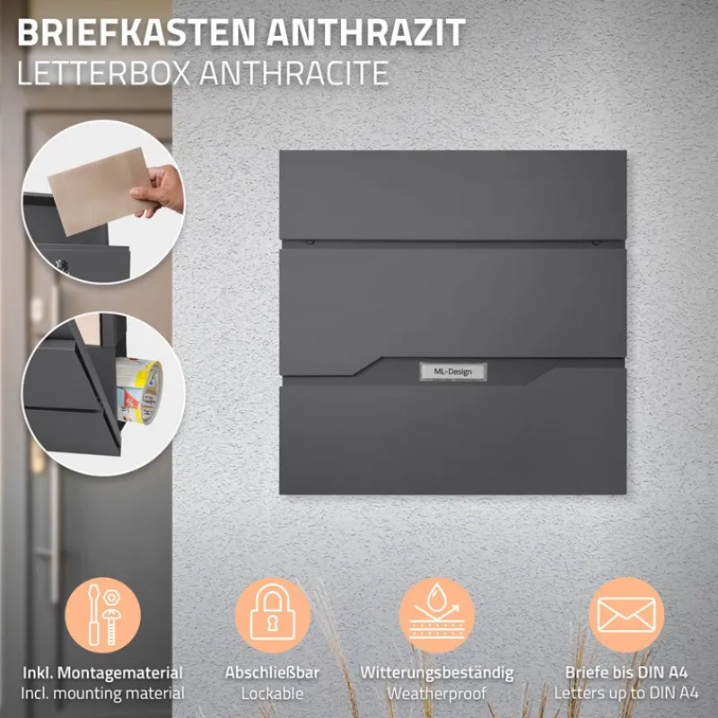 Briefkasten mit Zeitungsfach 37x11x36,5 cm Anthrazit aus Edelstahl-ECD Germany Best