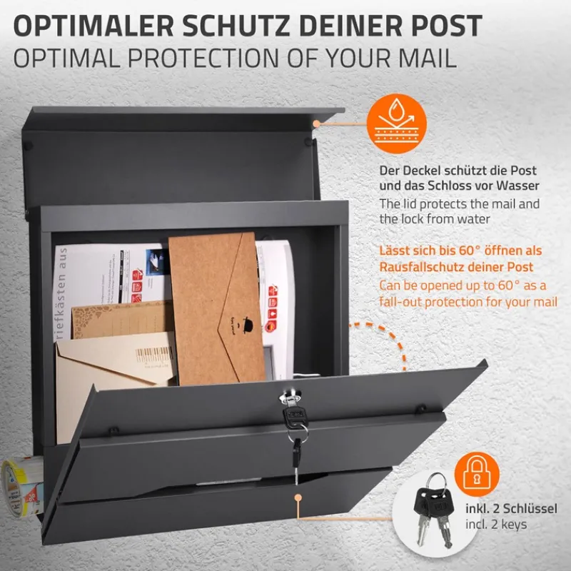 Briefkasten mit Zeitungsfach 37x11x36,5 cm Anthrazit aus Edelstahl-ECD Germany Best