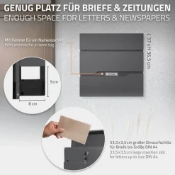 Briefkasten mit Zeitungsfach 37x11x36,5 cm Anthrazit aus Edelstahl-ECD Germany Best