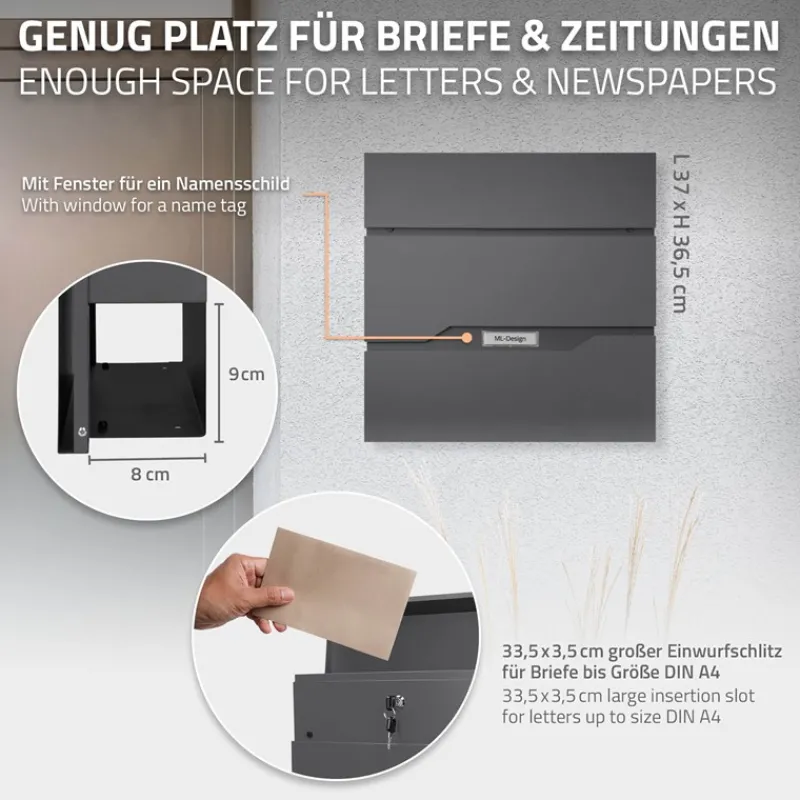 Briefkasten mit Zeitungsfach 37x11x36,5 cm Anthrazit aus Edelstahl-ECD Germany Best