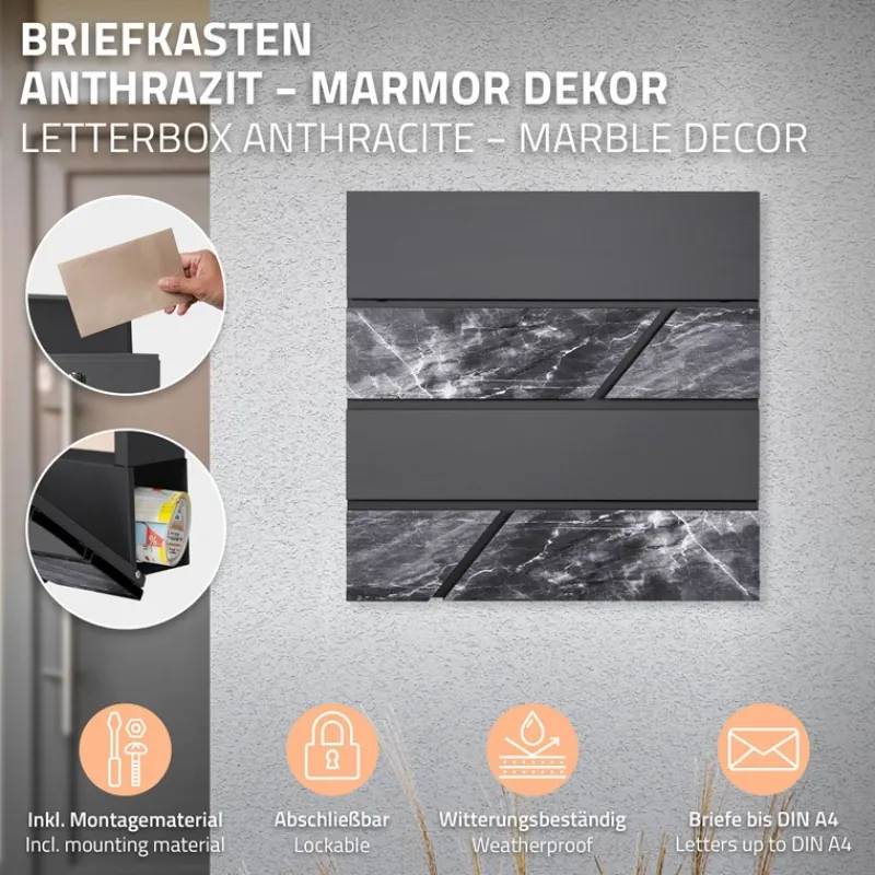 Briefkasten mit Zeitungsfach 37x37x11 cm Anthrazit/Schwarz-Marmoroptik aus Stahl ML-Design, Modernes Horizontales Design-ECD Germany Clearance