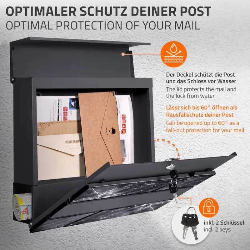 Briefkasten mit Zeitungsfach 37x37x11 cm Anthrazit/Schwarz-Marmoroptik aus Stahl ML-Design, Modernes Horizontales Design-ECD Germany Clearance