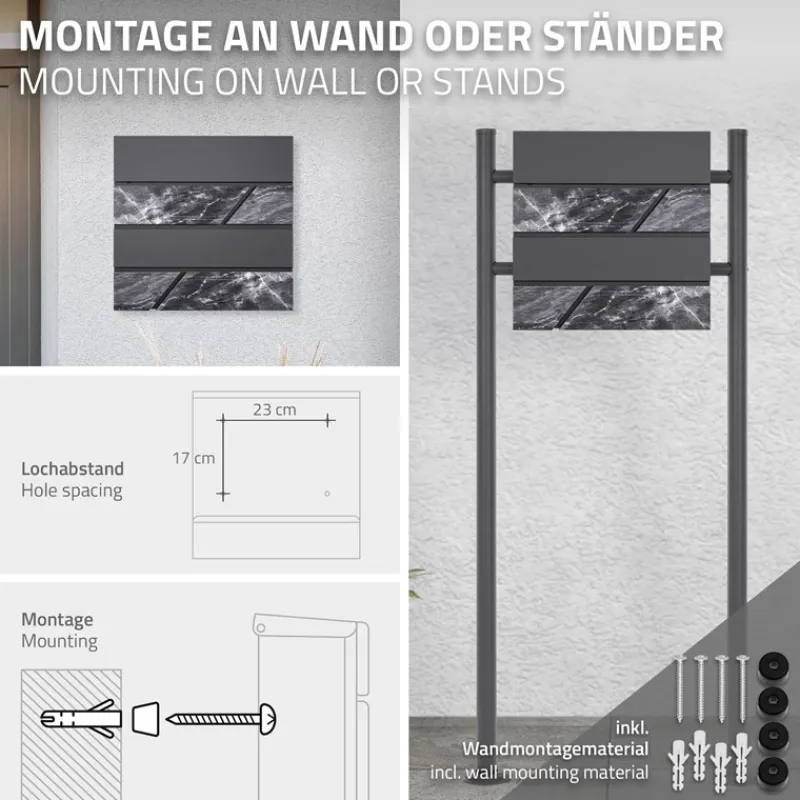 Briefkasten mit Zeitungsfach 37x37x11 cm Anthrazit/Schwarz-Marmoroptik aus Stahl ML-Design, Modernes Horizontales Design-ECD Germany Clearance