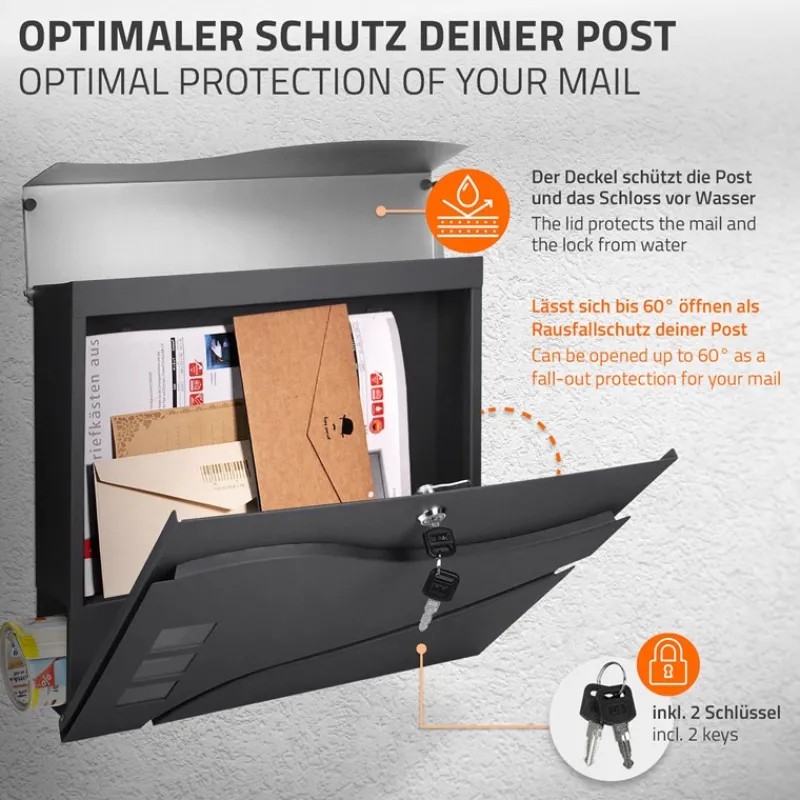 Briefkasten mit Zeitungsfach 37x36,5x10,5 cm Anthrazit/Silber aus Edelstahl-ECD Germany