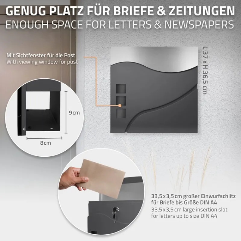 Briefkasten mit Zeitungsfach 37x36,5x10,5 cm Anthrazit/Silber aus Edelstahl-ECD Germany