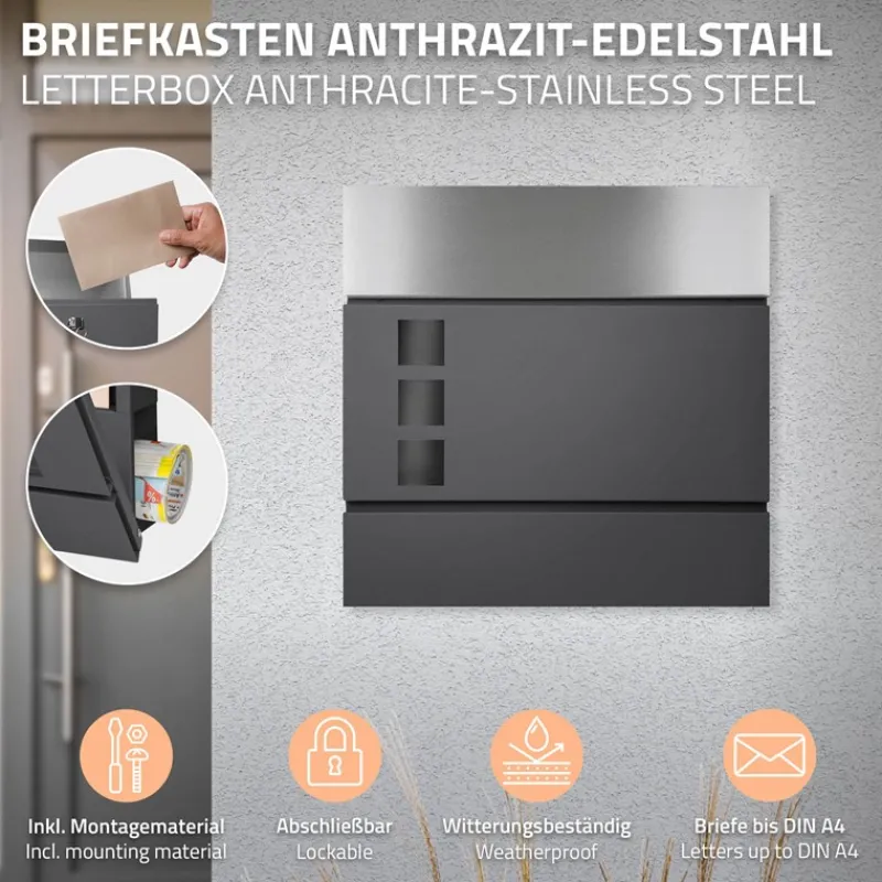 Briefkasten mit Zeitungsfach 37x36,5x10,5 cm Anthrazit/Silber aus Stahl-ECD Germany Sale