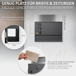 Briefkasten mit Zeitungsfach 37x36,5x10,5 cm Anthrazit/Silber aus Stahl-ECD Germany Sale