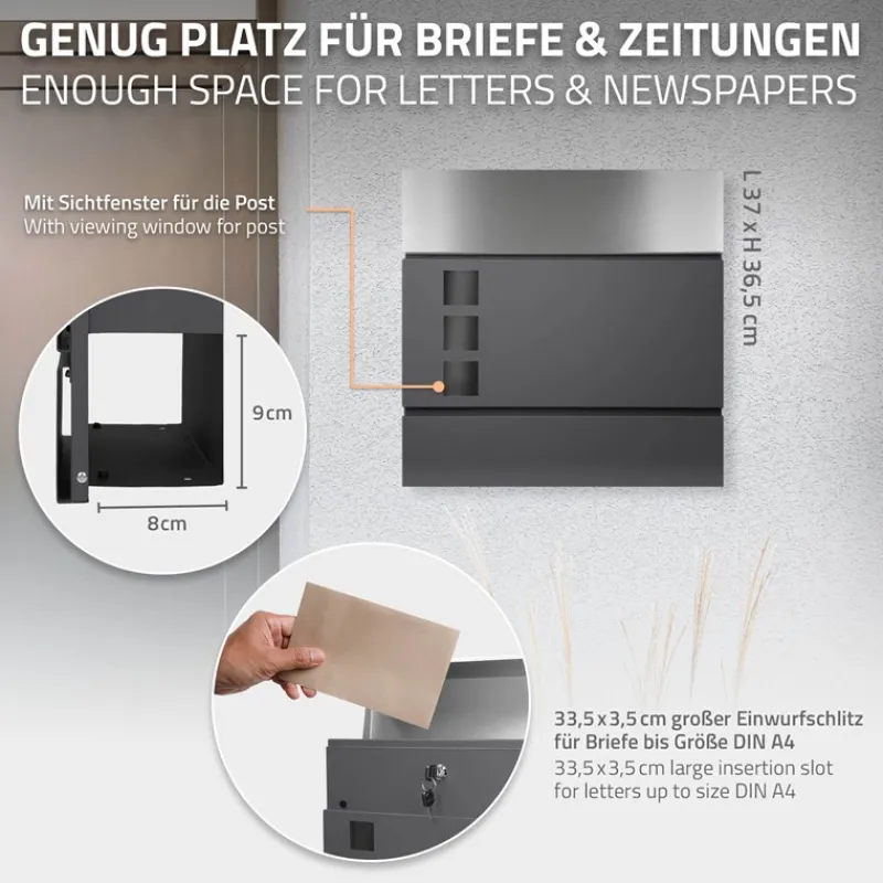 Briefkasten mit Zeitungsfach 37x36,5x10,5 cm Anthrazit/Silber aus Stahl-ECD Germany Sale
