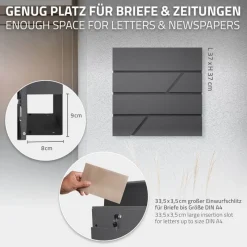 Briefkasten mit Zeitungsfach 37x11x37 cm Anthrazit aus Edelstahl-ECD Germany New