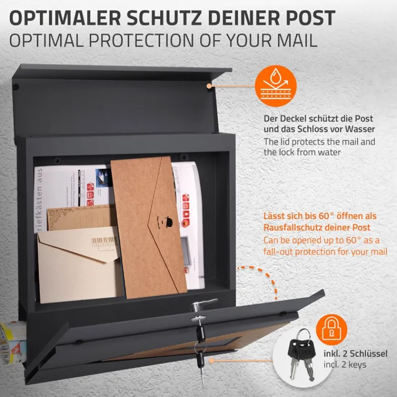 Briefkasten mit Zeitungsfach 37x36,5x11 cm Anthrazit/Holzoptik aus Stahl ML-Design-ECD Germany New