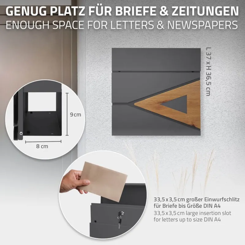 Briefkasten mit Zeitungsfach 37x36,5x11 cm Anthrazit/Holzoptik aus Stahl ML-Design-ECD Germany New