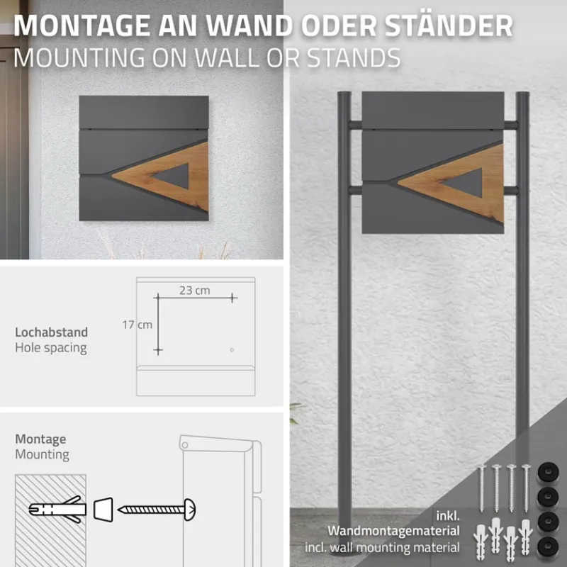 Briefkasten mit Zeitungsfach 37x36,5x11 cm Anthrazit/Holzoptik aus Stahl ML-Design-ECD Germany New