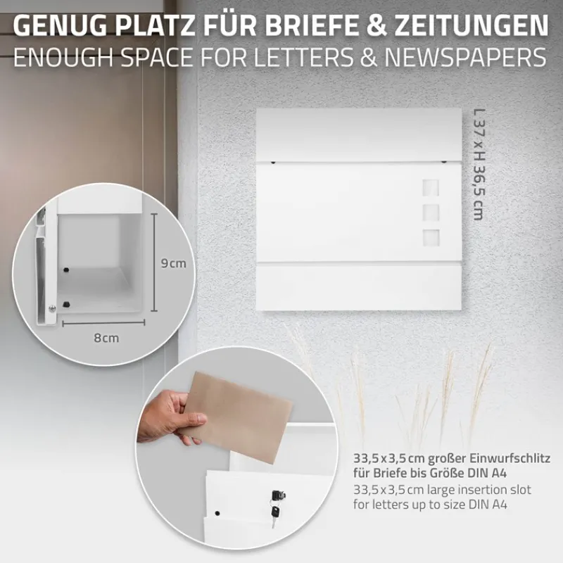 Briefkasten mit Zeitungsfach 37x36,5x10,5 cm Weiß aus Stahl-ECD Germany Discount