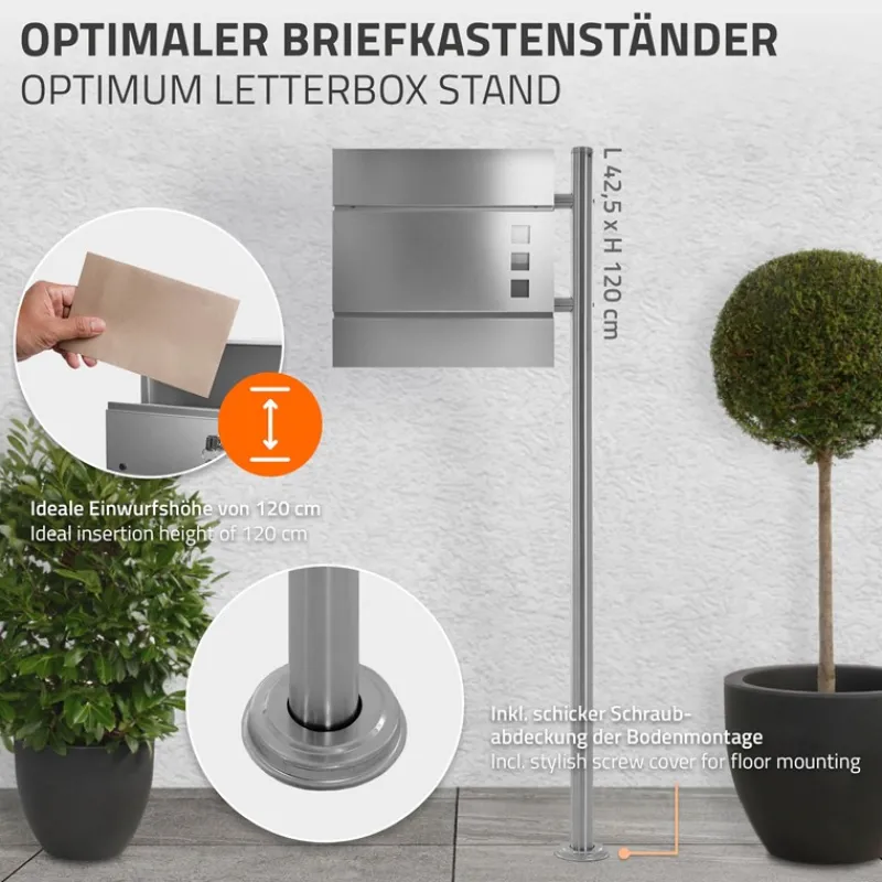 Briefkastenständer 120x40 cm Silber aus Edelstahl ML-Design-ECD Germany