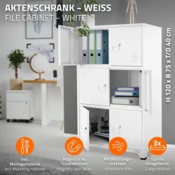 Büroschrank mit drei Ebenen Magnetverschluss 75x40x120 cm Weiß aus Stahl ML-Design-ECD Germany Best